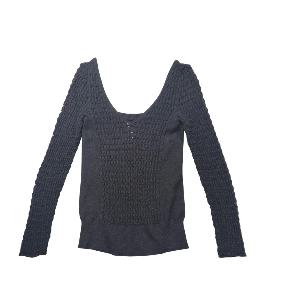 Free People Womens Black Smocked Textured Scoop Neck Long Sleeve Top Large